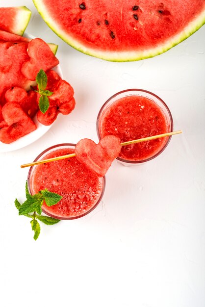 Watermelon smoothies with mint and pieces of watermelon