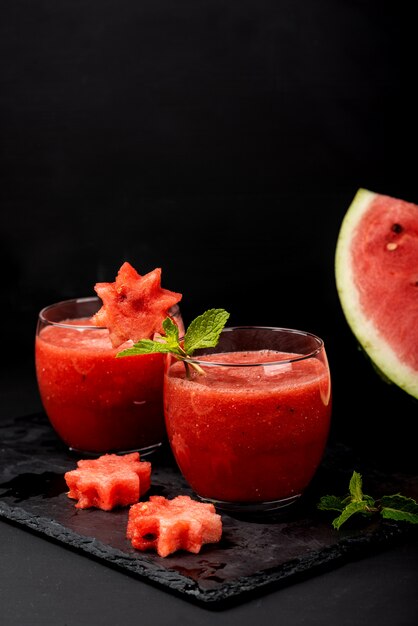 Watermelon smoothies with mint and pieces of watermelon