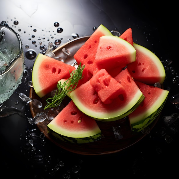 Watermelon snijden in een bord op een zwarte tafel naast een glas water water druppels vers