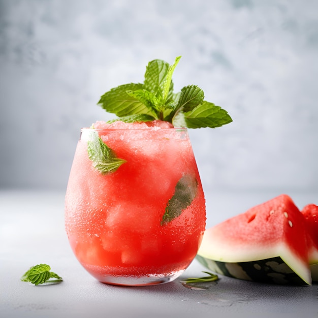 Watermelon sorbet cocktail with crushed ice and mint leaf on light grey background close up Freshly blended iced watermelon smoothie in transparent glass Red berry frozen lemonade AI