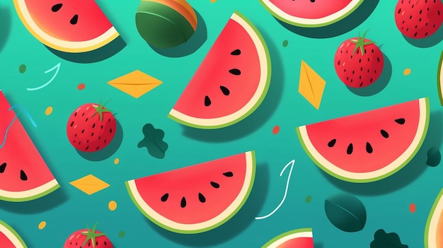 Watermelon and strawberry pattern illustration isolated on flat blue background ai generated