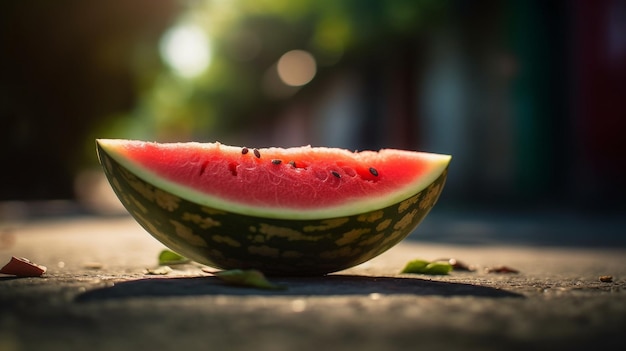 A watermelon on a table with a green background