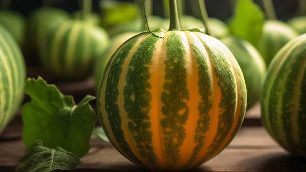 A watermelon on a table with other vegetables.