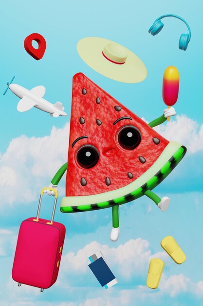 Photo watermelon travel fly airplane sky earphones suitcase passport ticket ice cream 3d character cartoon avia transportation