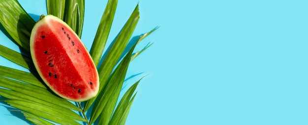 Watermelon on tropical palm leaves on blue surface