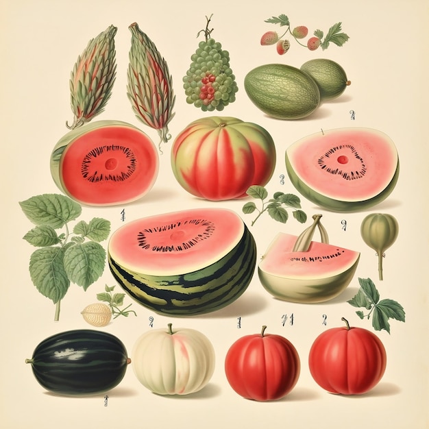 Watermelon Varieties Botanical Illustration Generative AI