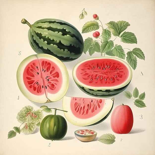 Watermelon Varieties Botanical Illustration Generative AI