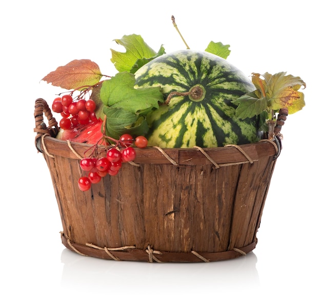 Watermelon and viburnum in basket isolated on white