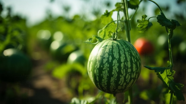 Watermelon on a vine in a field