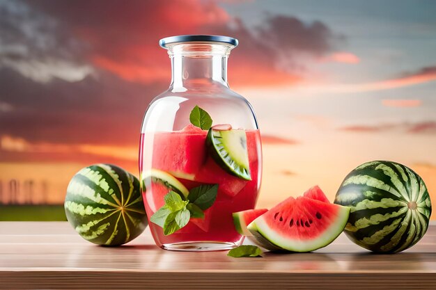 Photo watermelon and watermelon in a glass jar