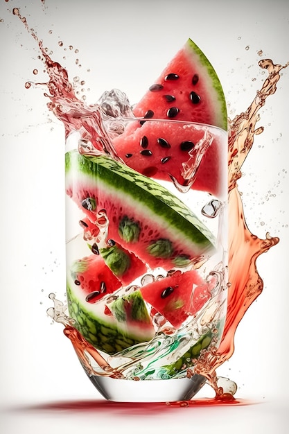 Watermelon and watermelon in a glass with a splash of liquid