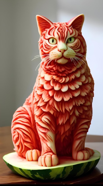 Watermelon with carvings in the shape of a cat