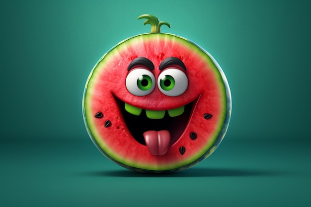 A watermelon with green eyes and a green background that says " happy ".