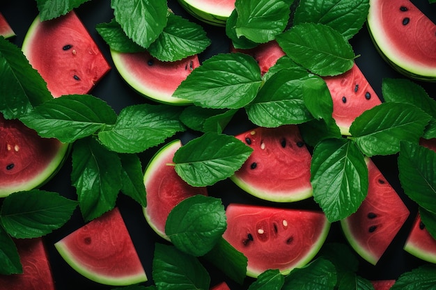 Photo watermelon with leaves top view background