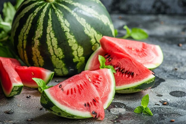 Watermelon with slices on a grey grunge table