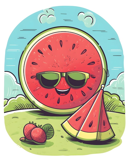 A watermelon with sunglasses and a hat that says