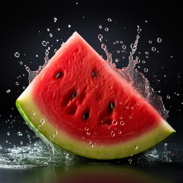 A watermelon with water splashing in the background and the water splashes around it.