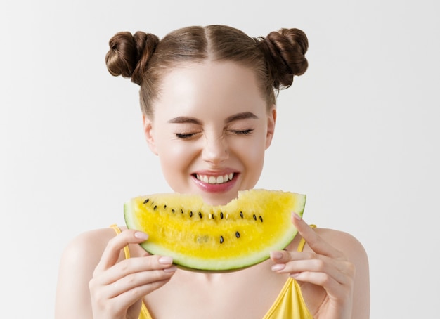 Watermelon woman eat yellow funny tasty food