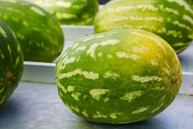 Watermelons in a marketplace in a row