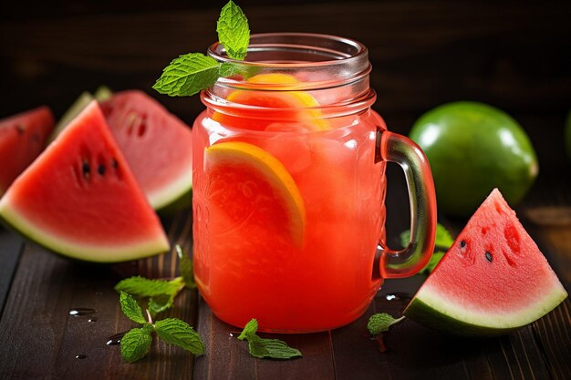 Watermelonsap geserveerd in een wijnglas met een plakje limoen aan de rand