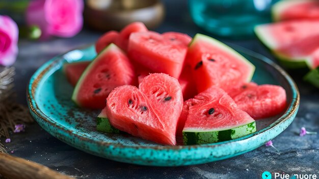 Watermelonsnijden die op creatieve wijze in hartvorm zijn gesneden