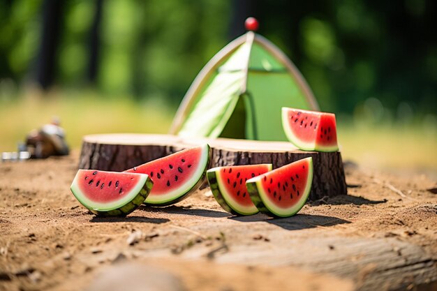 Foto watermelonsnijden met een zonnebloemveld op de achtergrond bij maanlicht