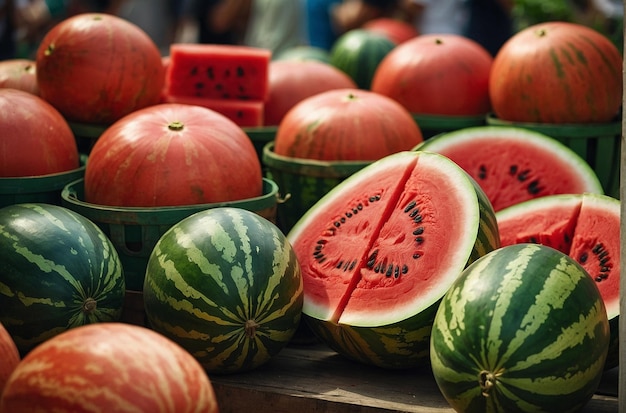 A watermelonthemed farmers market stall with fresh