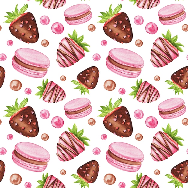 Waterocolor seamless background with pink sweets. Hand drawn strawberries, macarons and candies on a white