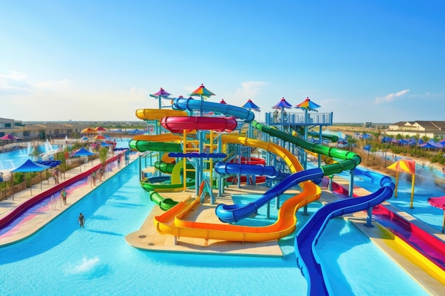 Waterpark met levendige en kleurrijke glijbanen omringd door blauw water gecreëerd met generatieve AI