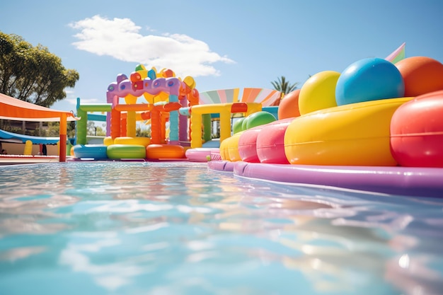 Waterpark opblaasbaar speelgoed op zomervakantie voor kinderen in het zwembad