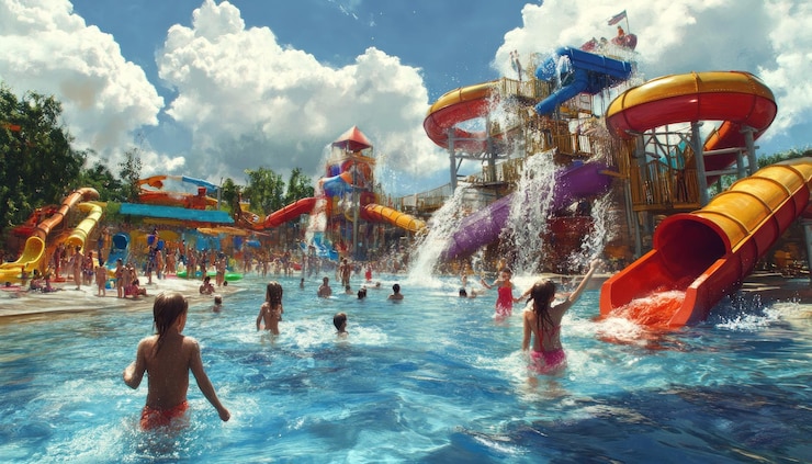 Foto waterparkplezier met glijbanen en spetterende mensen