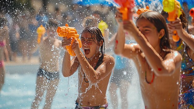 Waterpistolen, speelse spetteringen en regenboogstromen definiëren een levendige Holi watergevecht.