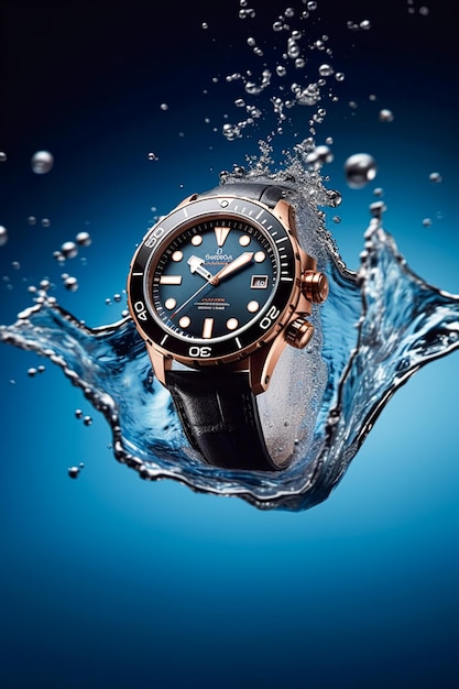 Waterproof luxury mens watch underwater in the ocean or sea commercial concept bespoke water resistant design generative ai