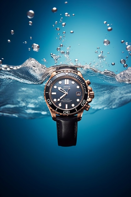 Waterproof luxury mens watch underwater in the ocean or sea commercial concept bespoke water resistant design generative ai