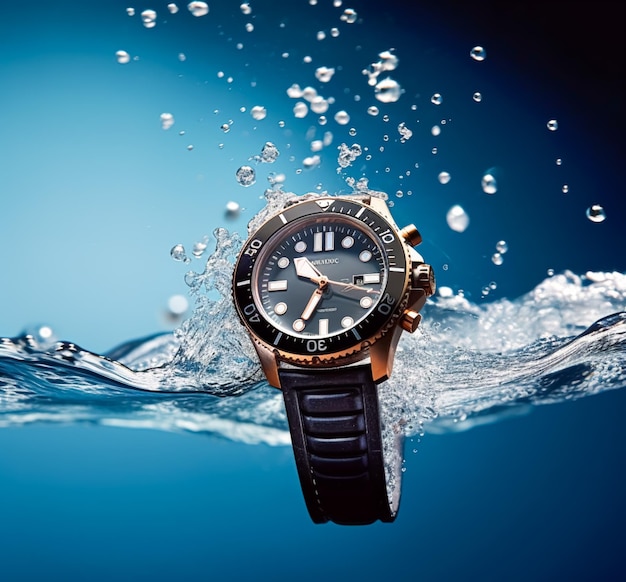 Waterproof luxury mens watch underwater in the ocean or sea commercial concept bespoke water resistant design postprocessed generative ai