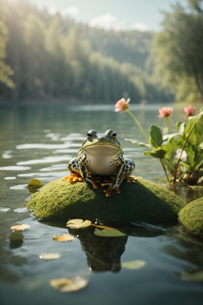 太陽の光の下で輝く水 小さなカエルが湖のに座っています