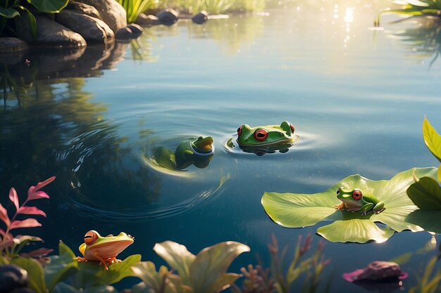 Photo waters shimmering under the sunlight a small frog sits at the edge