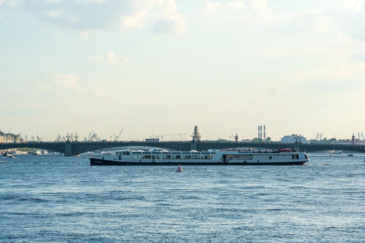waterscape of the Neva river with a tourist boat