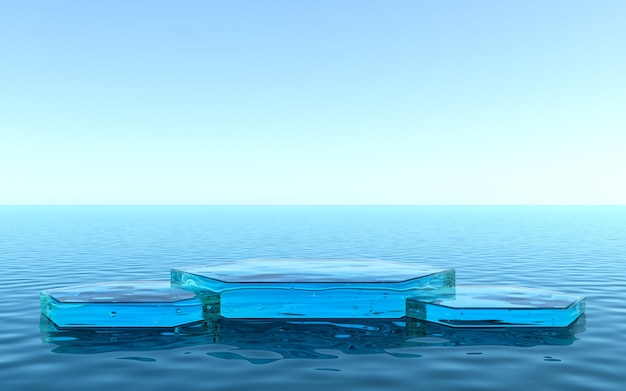 Watersokkel voor productdisplay, vloeibare vloer met weerspiegeling in het water. 3D-rendering