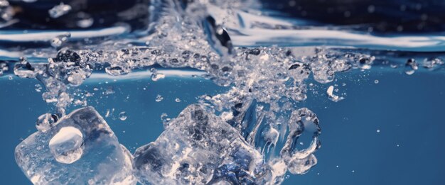 Waterspatten en ijsblokjes Ijs spatten in een glas water Onderwater stromende ijsblokjes die in een heldere waterachtergrond vallen Verfrissende kou drinken Ijs in een glas met blauwe achtergrond