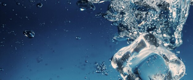 Waterspatten en ijsblokjes Ijs spatten in een glas water Onderwater stromende ijsblokjes die in een heldere waterachtergrond vallen Verfrissende kou drinken Ijs in een glas met blauwe achtergrond