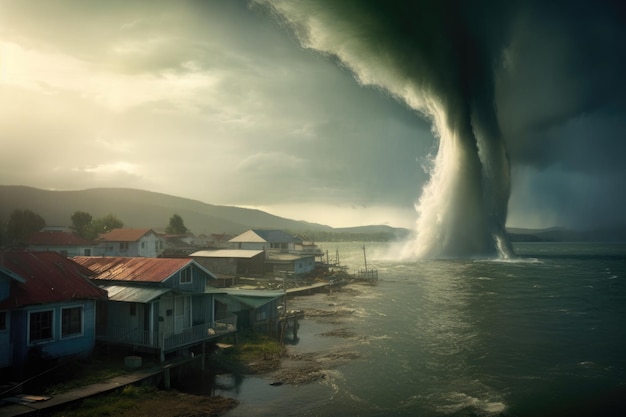 Waterspout approaching a coastal town from the sea created with generative ai