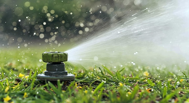 Watersproeiers spuiten op groen gras, verfrissend in de foto van het tuinwaterbehoud