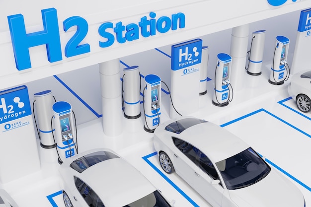 Waterstof brandstof auto laadstation witte kleur visueel conceptontwerp