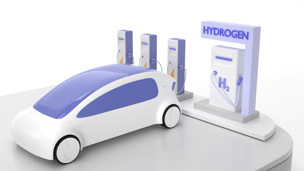 Waterstof H2 en elektrisch laadstation met toekomstige auto Tankservice voor hybride voertuig met batterijbank op brandstofcel milieuvriendelijk vervoer geen emissies Concept van groene energie 3d render