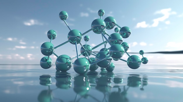 Waterstofmolecuul of atoom Abstracte structuur voor Wetenschap of medische achtergrond Helder blauw water Concept van chemische modelverbindingen atomen 3D-rendering gegenereerd ai