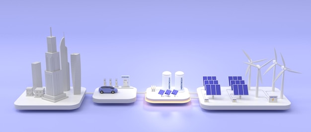 Waterstofopslagtanks met zonnepanelen windturbines en batterijbank Isometrisch 3d mockup grid hernieuwbaar schoon energiesysteem voor stroomvoorziening van slimme stadslaadstations en elektrische auto