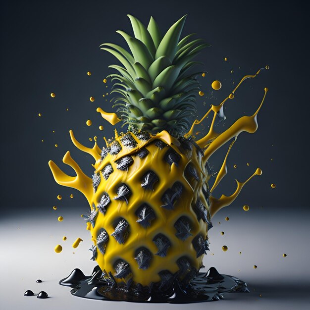 Foto waterstralen rond een ananas op een blauwe achtergrond