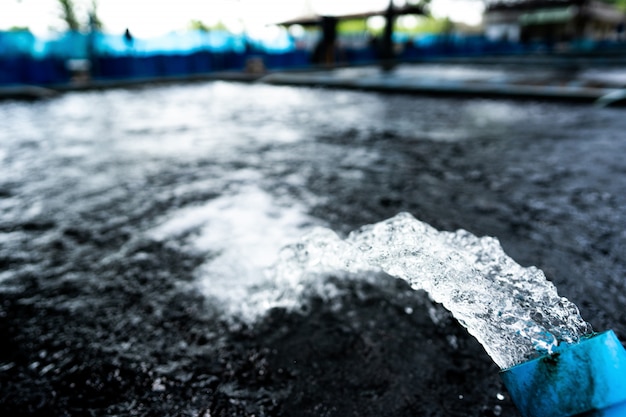 Waterstroombehandelingssysteem van de waterpompleiding. Beweging van water dat uit de pijp van Koi Pond Carp-viskwekerij stroomt voor zuurstof.