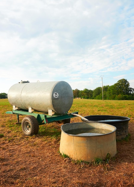 Watertrog om te drinken voor koeienvee in het veld, Franche Comte, Frankrijk.